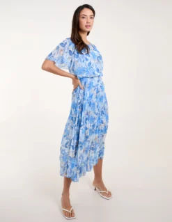 Round Neck Pleated Midi Dress -Deals Sleek Dresses Store bv3682 blue 7080