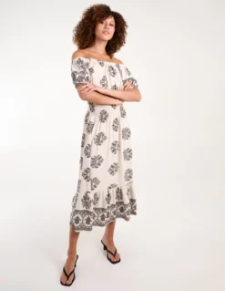 Batik Print Shirred Waist Gypsy Midi Dress
