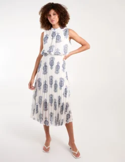 Metallic Sleeveless Pleated Midi Dress -Deals Sleek Dresses Store bv3915 ivorynavy 35536