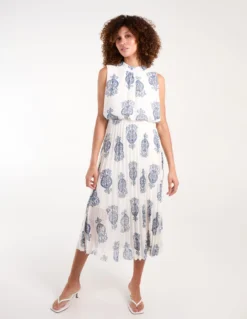 Metallic Sleeveless Pleated Midi Dress