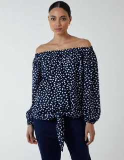 Bardot Balloon Sleeve Knot Top