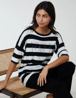 Striped T Shirt With Diamante Detail -Deals Sleek Dresses Store qed2706 black10280