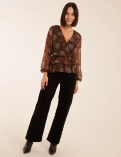 Floral Ruffle Wrap Blouse -Deals Sleek Dresses Store ss23265 brown pattern24921