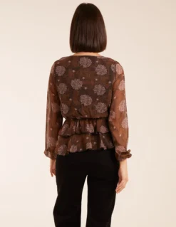 Floral Ruffle Wrap Blouse -Deals Sleek Dresses Store ss23265 brown pattern24994