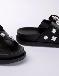 Buckle Detail Stud Sliders -Deals Sleek Dresses Store ss24232 black 3