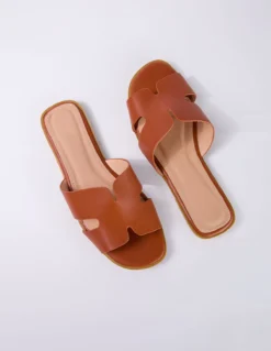 Textured Cross Front Flat Sandal -Deals Sleek Dresses Store ss24263 tan 3